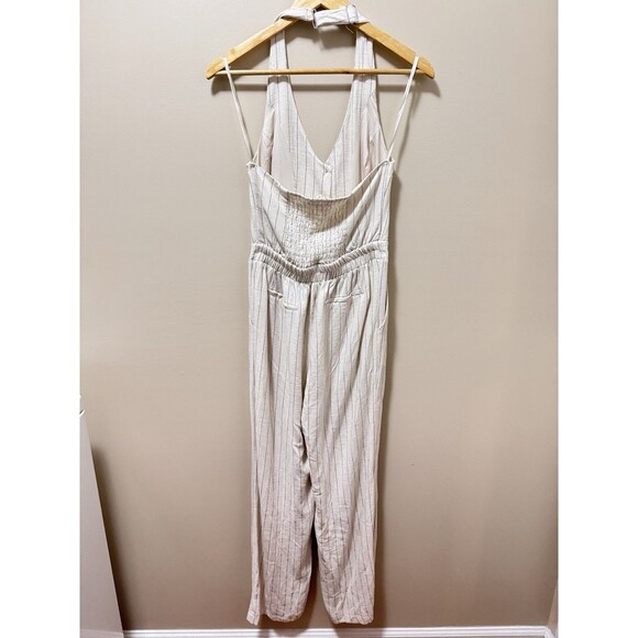 Monteau Los Angeles White Striped Linen Casual Jumpsuit Sz M Pockets Halter Neck - Picture 6 of 10